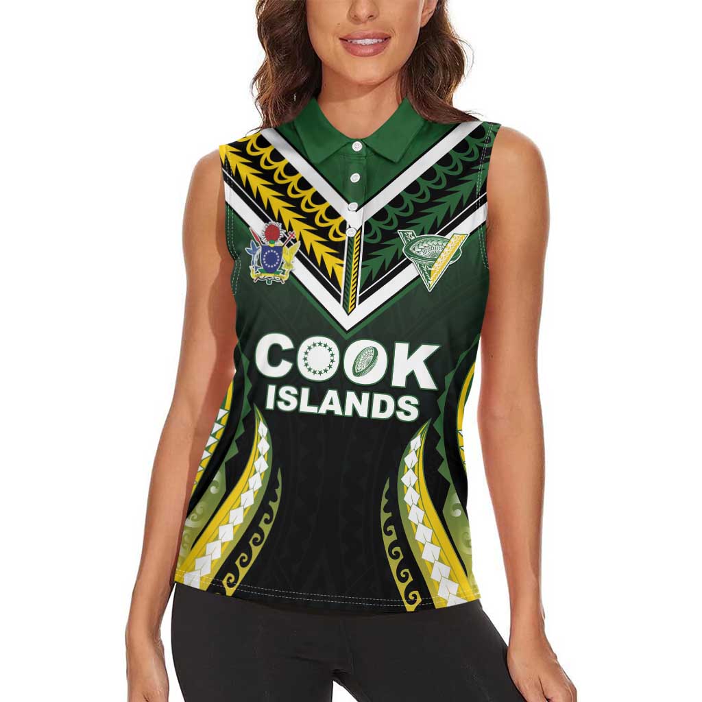 Custom Cook Islands Rugby Women Sleeveless Polo Shirt Unique Style Black Version - Polynesian Pride