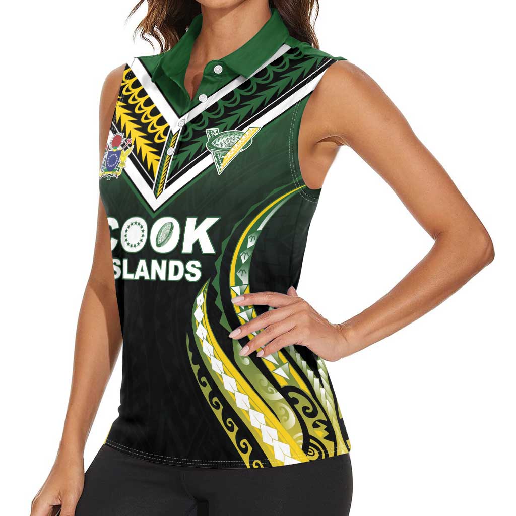 Custom Cook Islands Rugby Women Sleeveless Polo Shirt Unique Style Black Version - Polynesian Pride