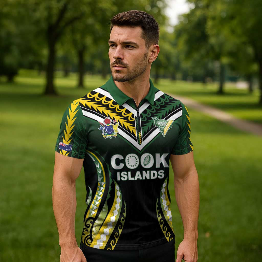 Custom Cook Islands Rugby Zipper Polo Shirt Unique Style Black Version - Polynesian Pride