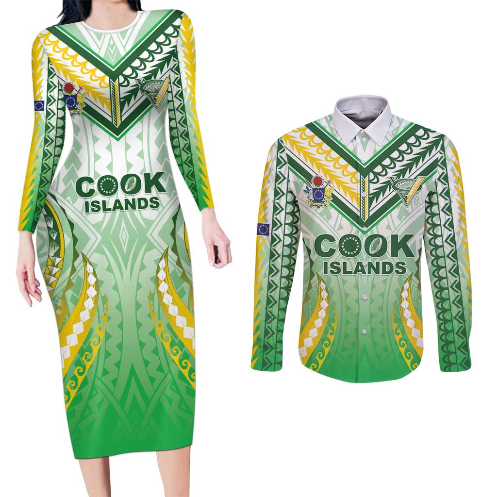 Custom Cook Islands Rugby Couples Matching Long Sleeve Bodycon Dress and Long Sleeve Button Shirt Unique Style White Version - Polynesian Pride