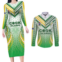Custom Cook Islands Rugby Couples Matching Long Sleeve Bodycon Dress and Long Sleeve Button Shirt Unique Style White Version - Polynesian Pride