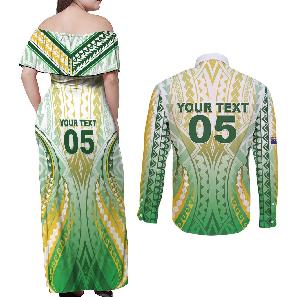 Custom Cook Islands Rugby Couples Matching Off Shoulder Maxi Dress and Long Sleeve Button Shirt Unique Style White Version - Polynesian Pride