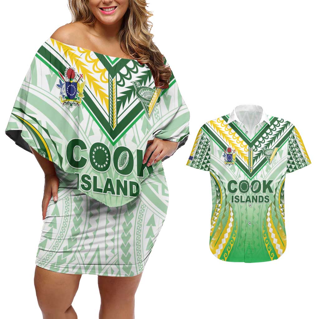 Custom Cook Islands Rugby Couples Matching Off Shoulder Short Dress and Hawaiian Shirt Unique Style White Version - Polynesian Pride