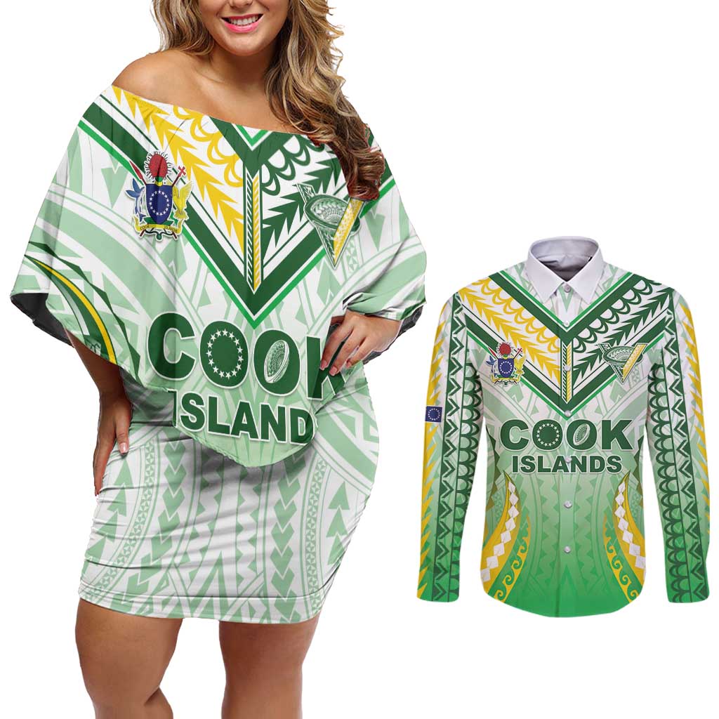 Custom Cook Islands Rugby Couples Matching Off Shoulder Short Dress and Long Sleeve Button Shirt Unique Style White Version - Polynesian Pride