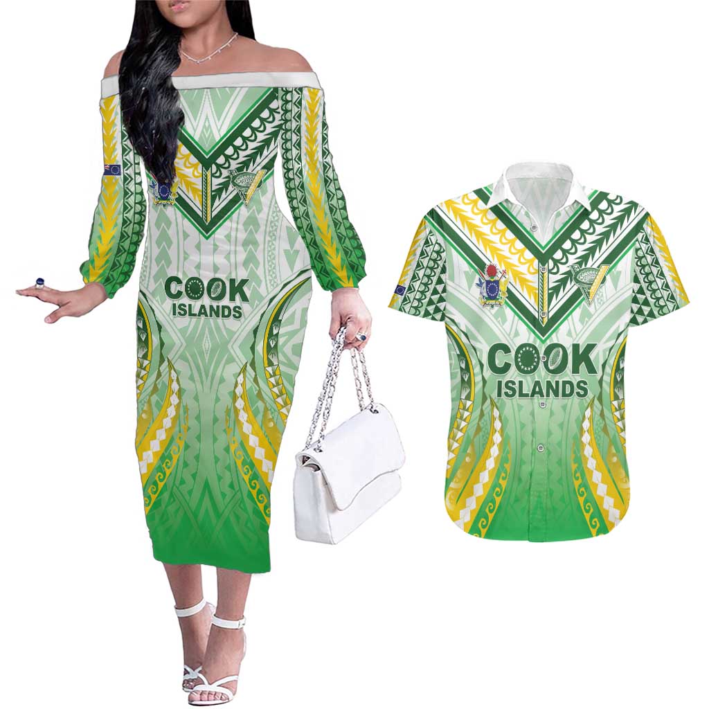 Custom Cook Islands Rugby Couples Matching Off The Shoulder Long Sleeve Dress and Hawaiian Shirt Unique Style White Version - Polynesian Pride
