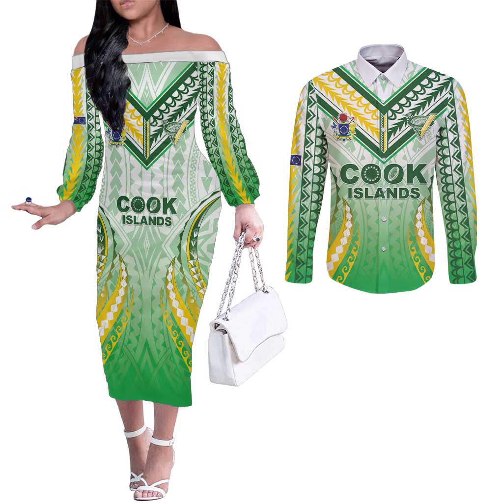 Custom Cook Islands Rugby Couples Matching Off The Shoulder Long Sleeve Dress and Long Sleeve Button Shirt Unique Style White Version - Polynesian Pride