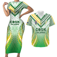 Custom Cook Islands Rugby Couples Matching Short Sleeve Bodycon Dress and Hawaiian Shirt Unique Style White Version - Polynesian Pride