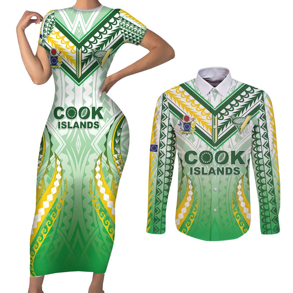 Custom Cook Islands Rugby Couples Matching Short Sleeve Bodycon Dress and Long Sleeve Button Shirt Unique Style White Version - Polynesian Pride