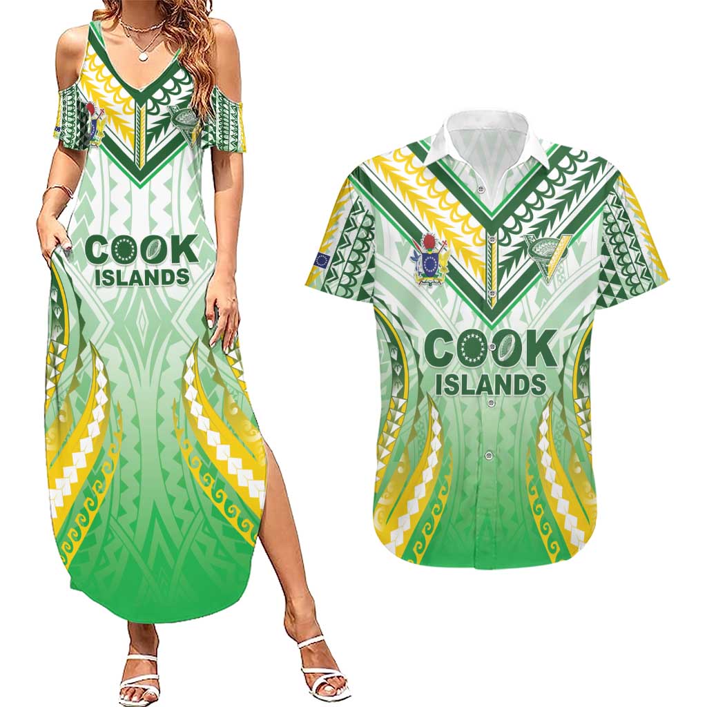 Custom Cook Islands Rugby Couples Matching Summer Maxi Dress and Hawaiian Shirt Unique Style White Version - Polynesian Pride