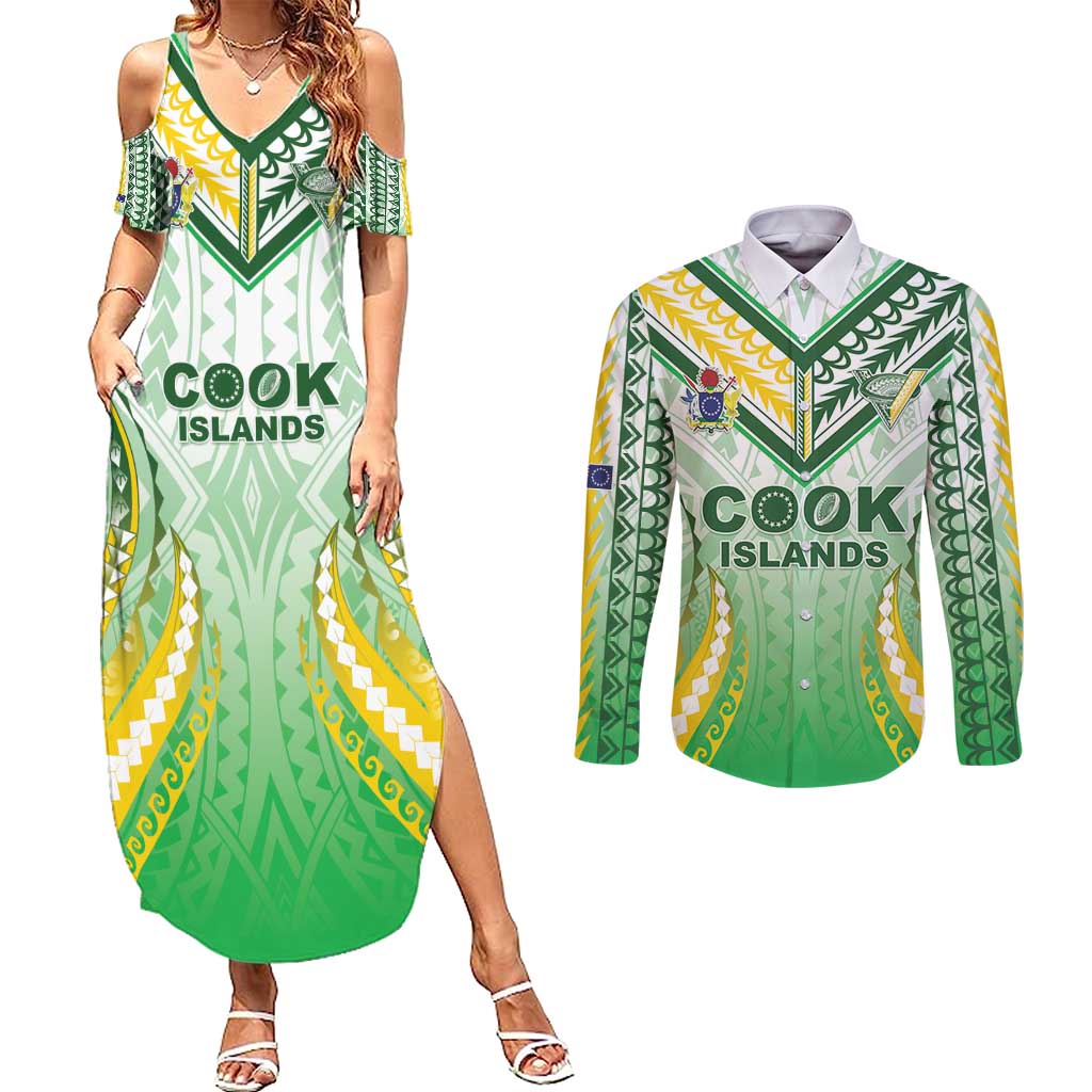 Custom Cook Islands Rugby Couples Matching Summer Maxi Dress and Long Sleeve Button Shirt Unique Style White Version - Polynesian Pride