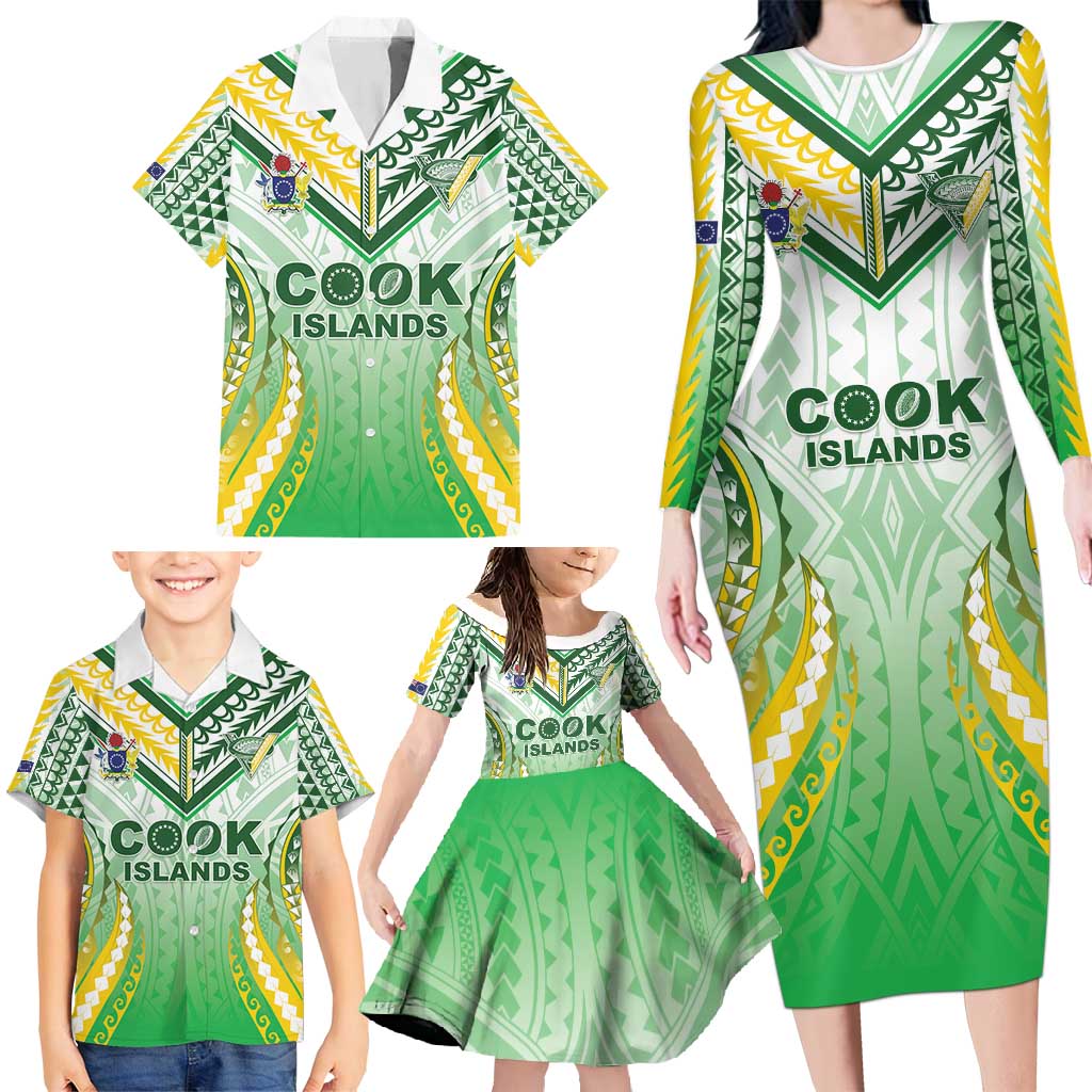 Custom Cook Islands Rugby Family Matching Long Sleeve Bodycon Dress and Hawaiian Shirt Unique Style White Version - Polynesian Pride
