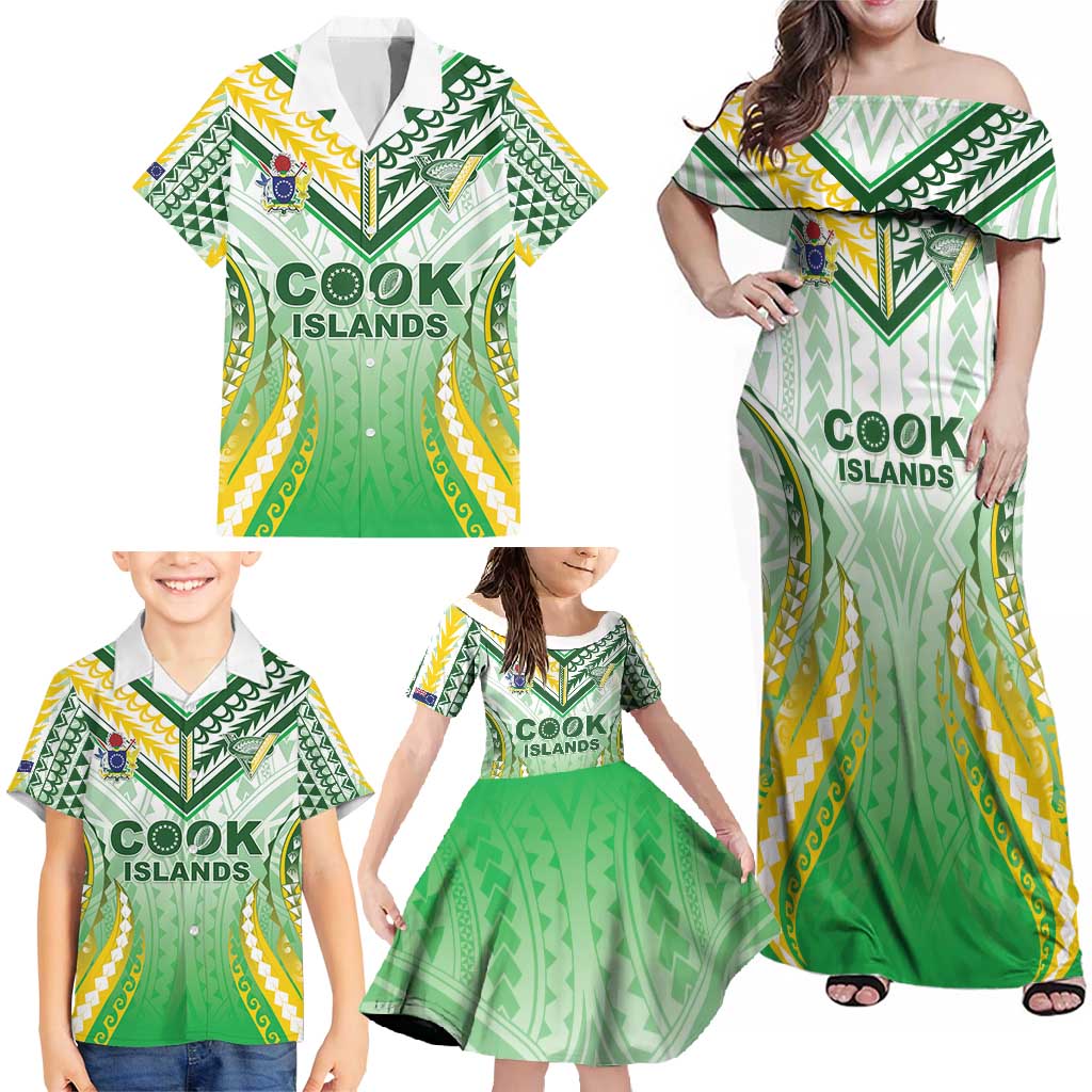 Custom Cook Islands Rugby Family Matching Off Shoulder Maxi Dress and Hawaiian Shirt Unique Style White Version - Polynesian Pride