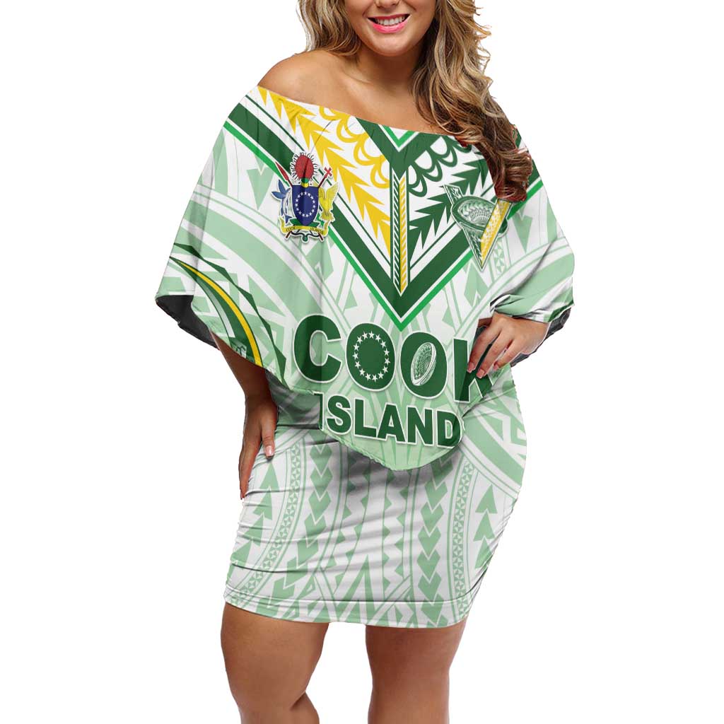 Custom Cook Islands Rugby Family Matching Off Shoulder Short Dress and Hawaiian Shirt Unique Style White Version - Polynesian Pride