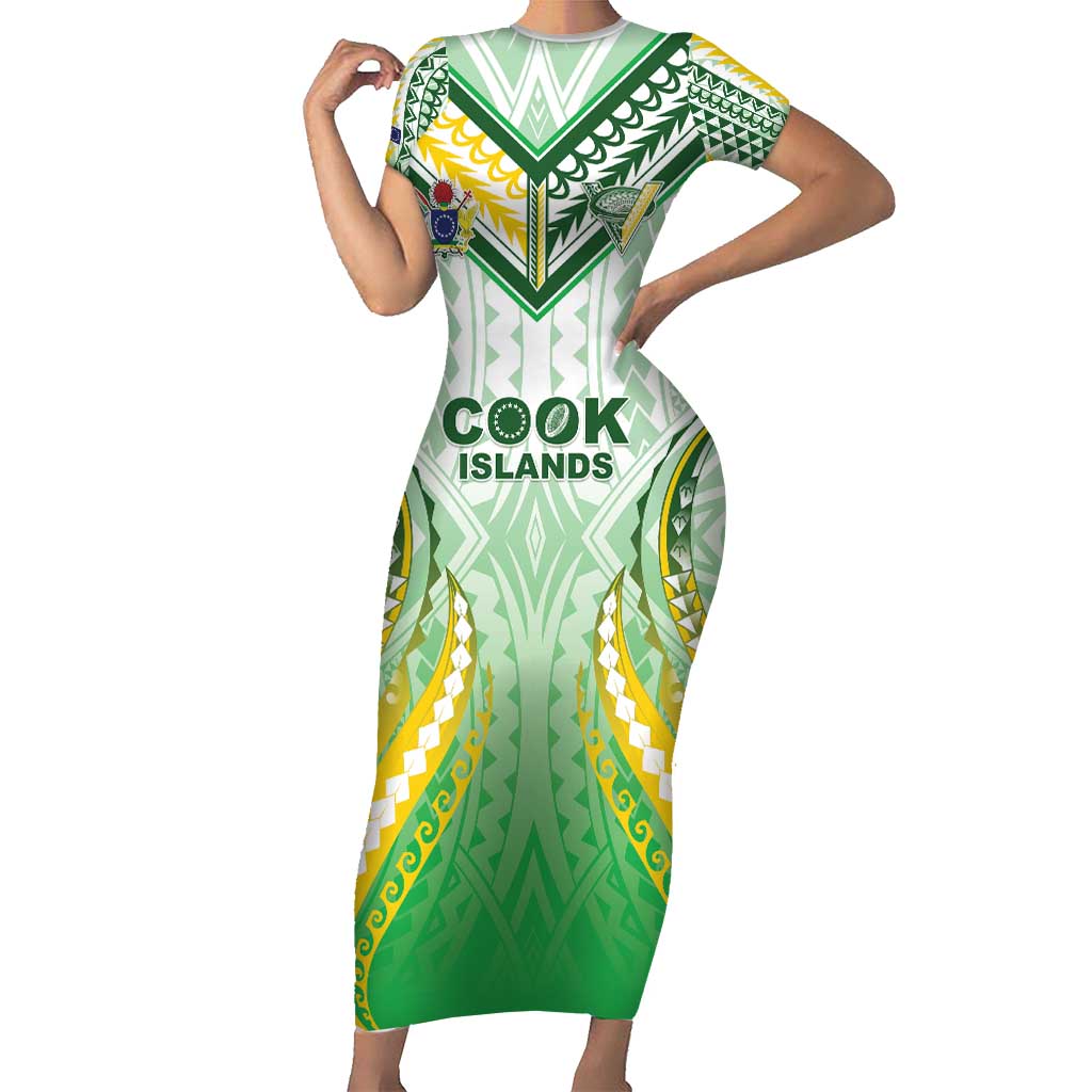 Custom Cook Islands Rugby Short Sleeve Bodycon Dress Unique Style White Version - Polynesian Pride