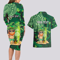 Personalised Hawaii St.Patrick Day Couples Matching Long Sleeve Bodycon Dress and Hawaiian Shirt Surfing Leprechaun LT05 - Polynesian Pride