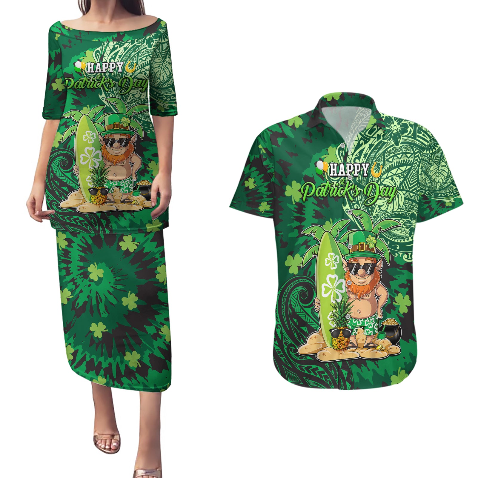 Personalised Hawaii St.Patrick Day Couples Matching Puletasi and Hawaiian Shirt Surfing Leprechaun LT05 Green - Polynesian Pride
