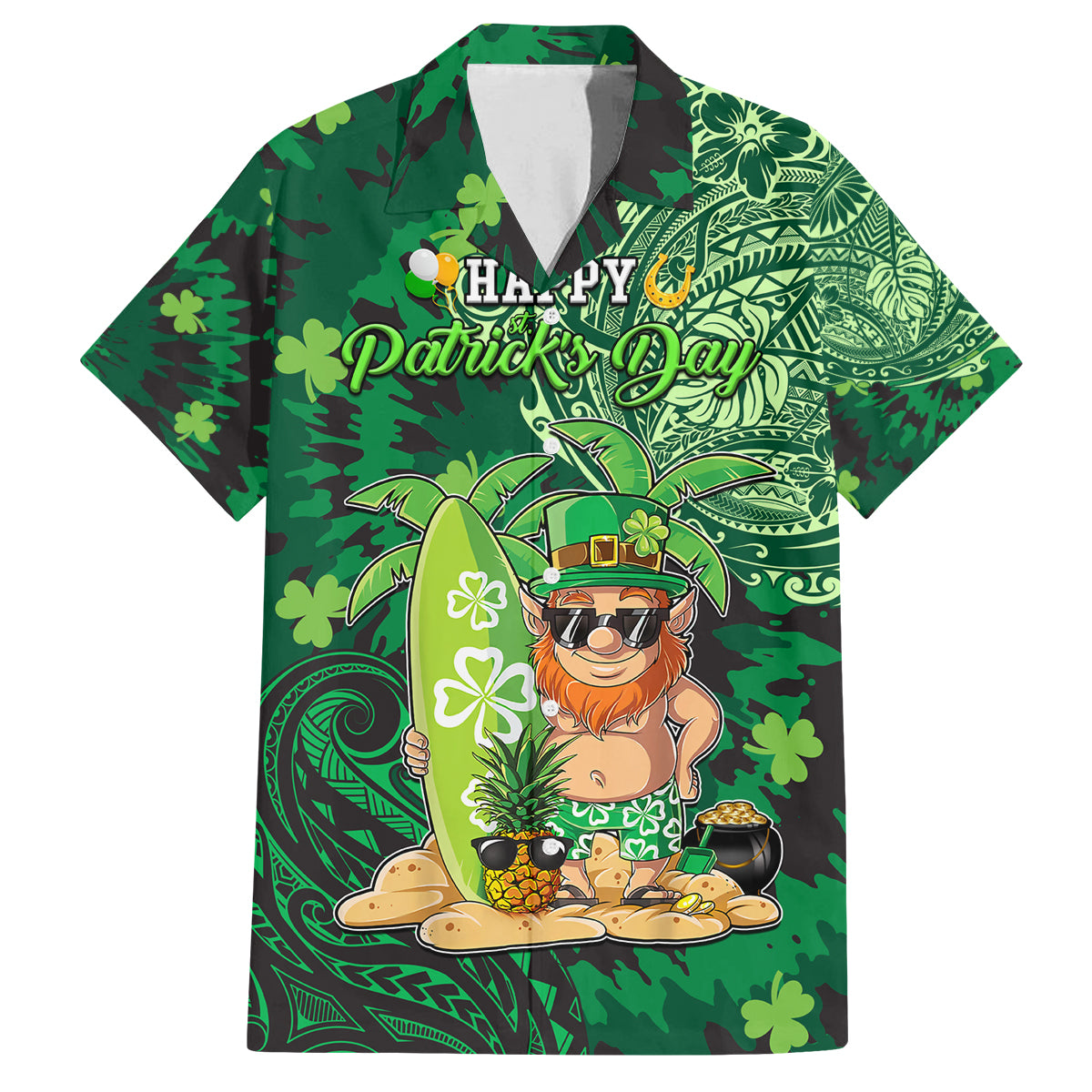 Personalised Hawaii St.Patrick Day Family Matching Off Shoulder Short Dress and Hawaiian Shirt Surfing Leprechaun LT05 Dad's Shirt - Short Sleeve Green - Polynesian Pride
