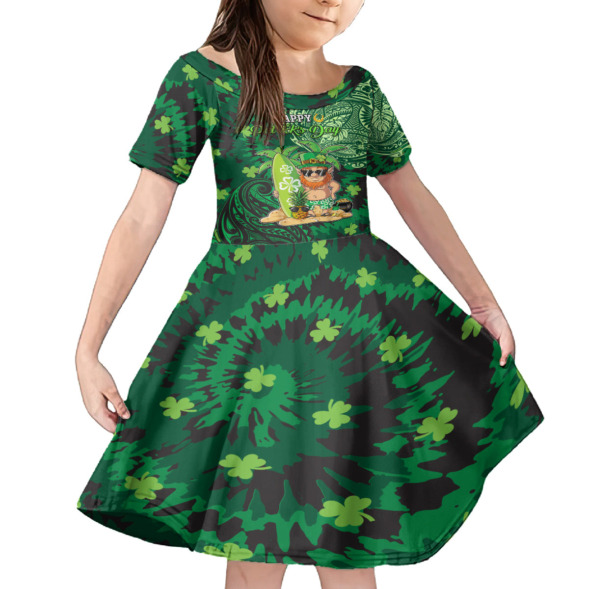 Personalised Hawaii St.Patrick Day Kid Short Sleeve Dress Surfing Leprechaun LT05 KID Green - Polynesian Pride
