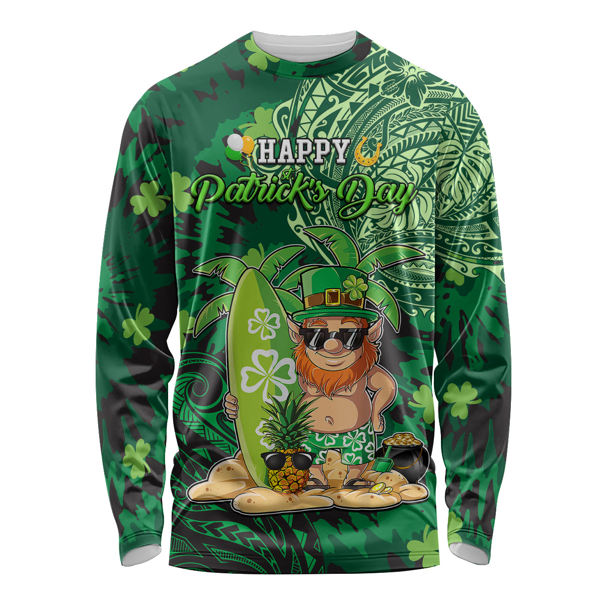 Personalised Hawaii St.Patrick Day Long Sleeve Shirt Surfing Leprechaun LT05 Unisex Green - Polynesian Pride