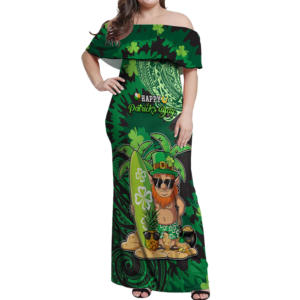 Personalised Hawaii St.Patrick Day Off Shoulder Maxi Dress Surfing Leprechaun LT05 Women Green - Polynesian Pride