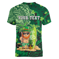 Personalised Hawaii St.Patrick Day Women V Neck T Shirt Surfing Leprechaun LT05 - Polynesian Pride