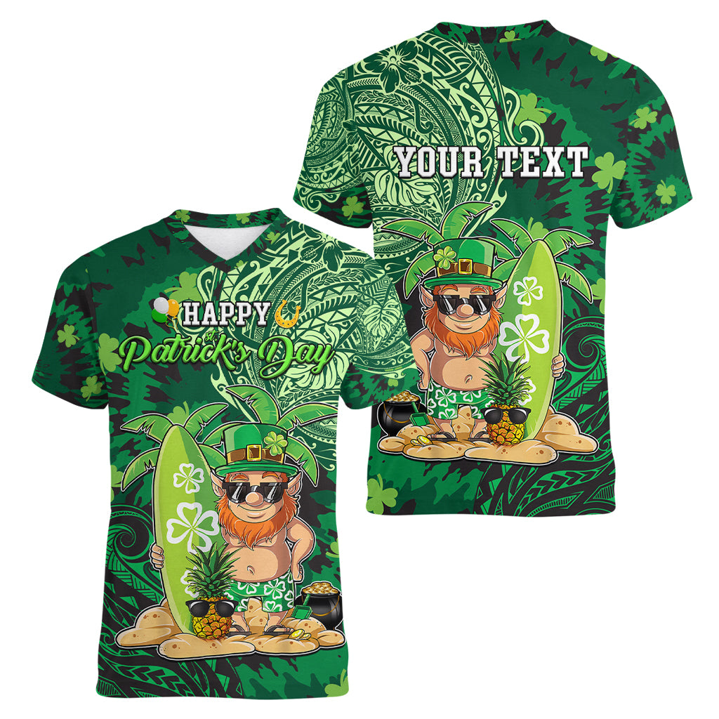 Personalised Hawaii St.Patrick Day Women V Neck T Shirt Surfing Leprechaun LT05 - Polynesian Pride