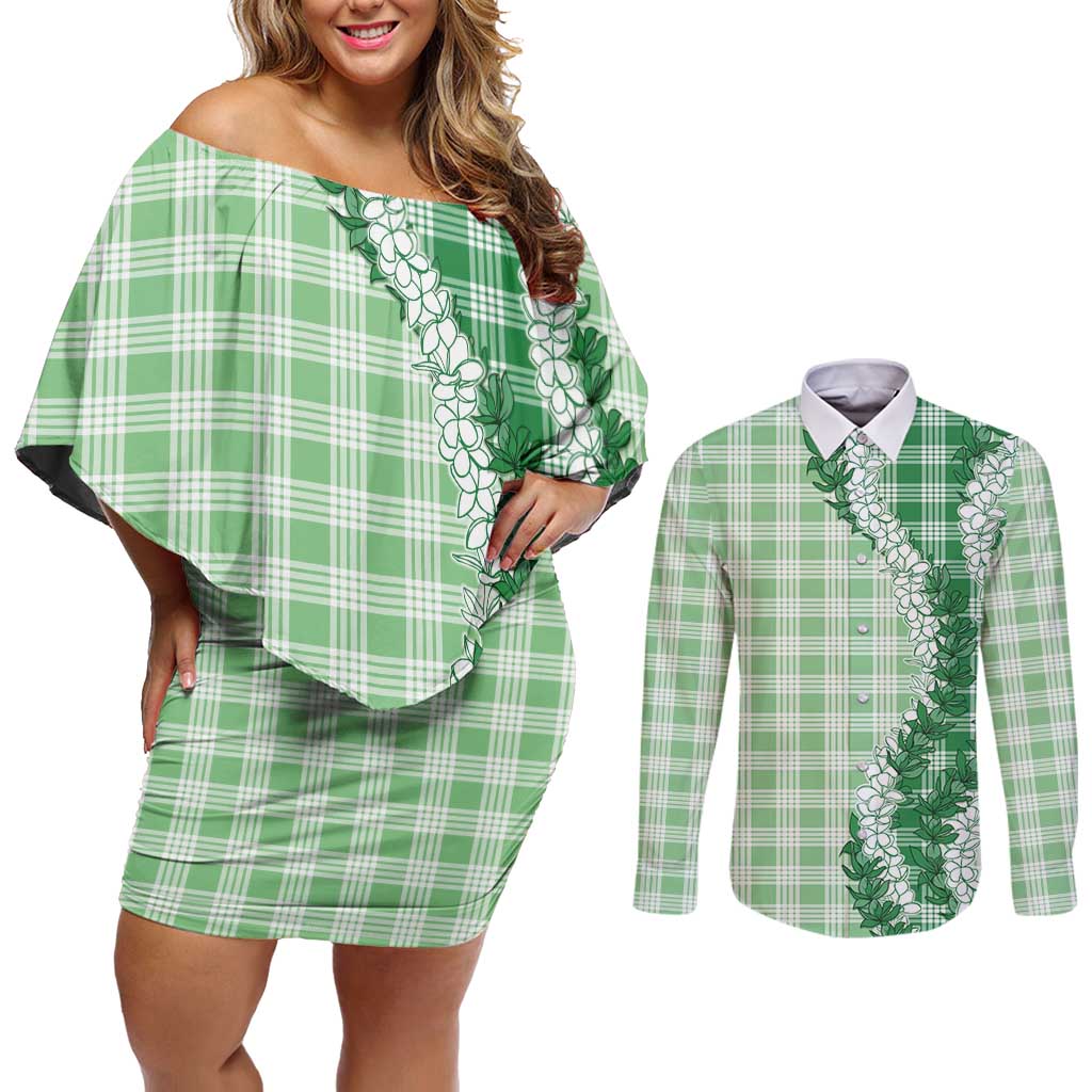 Green Hawaii Palaka Couples Matching Off Shoulder Short Dress and Long Sleeve Button Shirt Hawaiian Honohono Lei