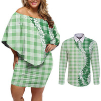 Green Hawaii Palaka Couples Matching Off Shoulder Short Dress and Long Sleeve Button Shirt Hawaiian Honohono Lei