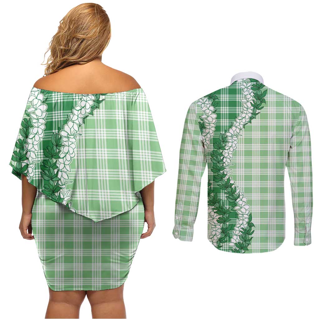 Green Hawaii Palaka Couples Matching Off Shoulder Short Dress and Long Sleeve Button Shirt Hawaiian Honohono Lei