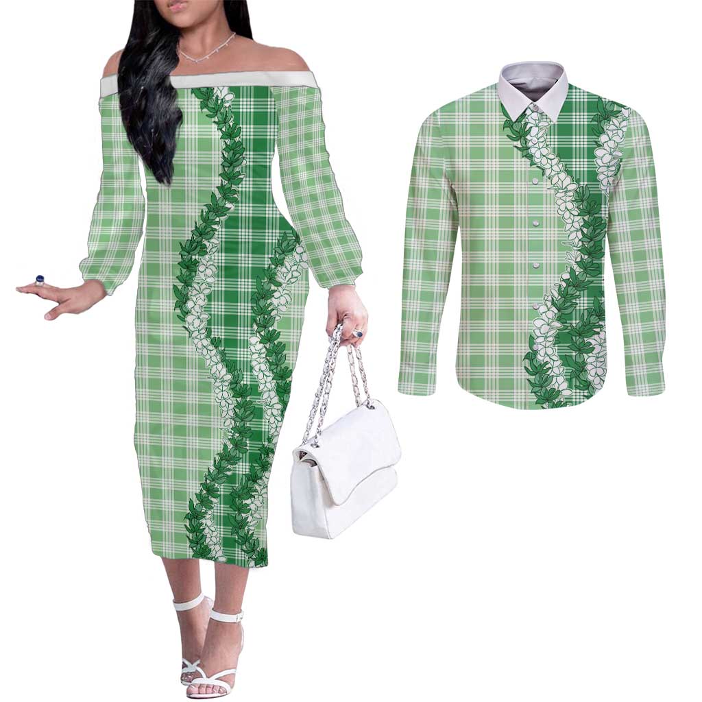 Green Hawaii Palaka Couples Matching Off The Shoulder Long Sleeve Dress and Long Sleeve Button Shirt Hawaiian Honohono Lei