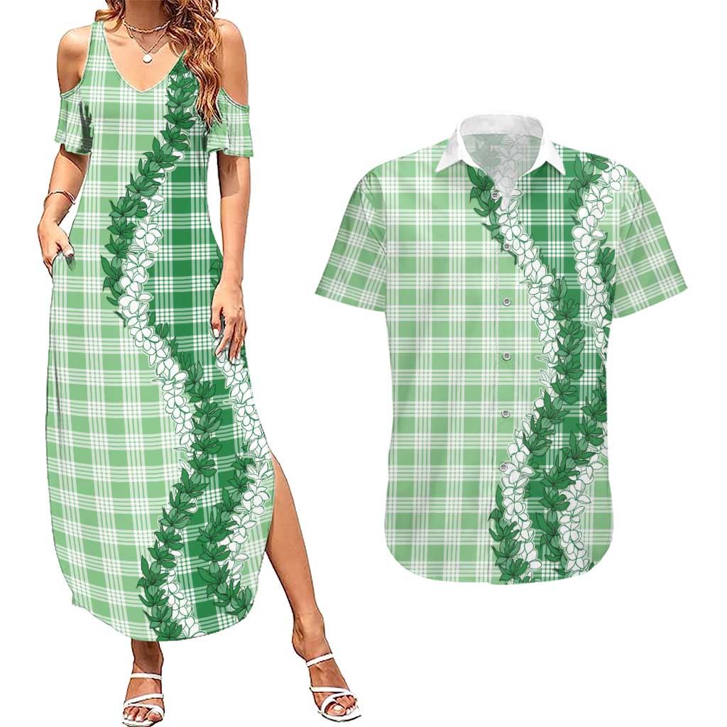 Green Hawaii Palaka Couples Matching Summer Maxi Dress and Hawaiian Shirt Hawaiian Honohono Lei