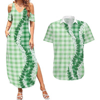 Green Hawaii Palaka Couples Matching Summer Maxi Dress and Hawaiian Shirt Hawaiian Honohono Lei