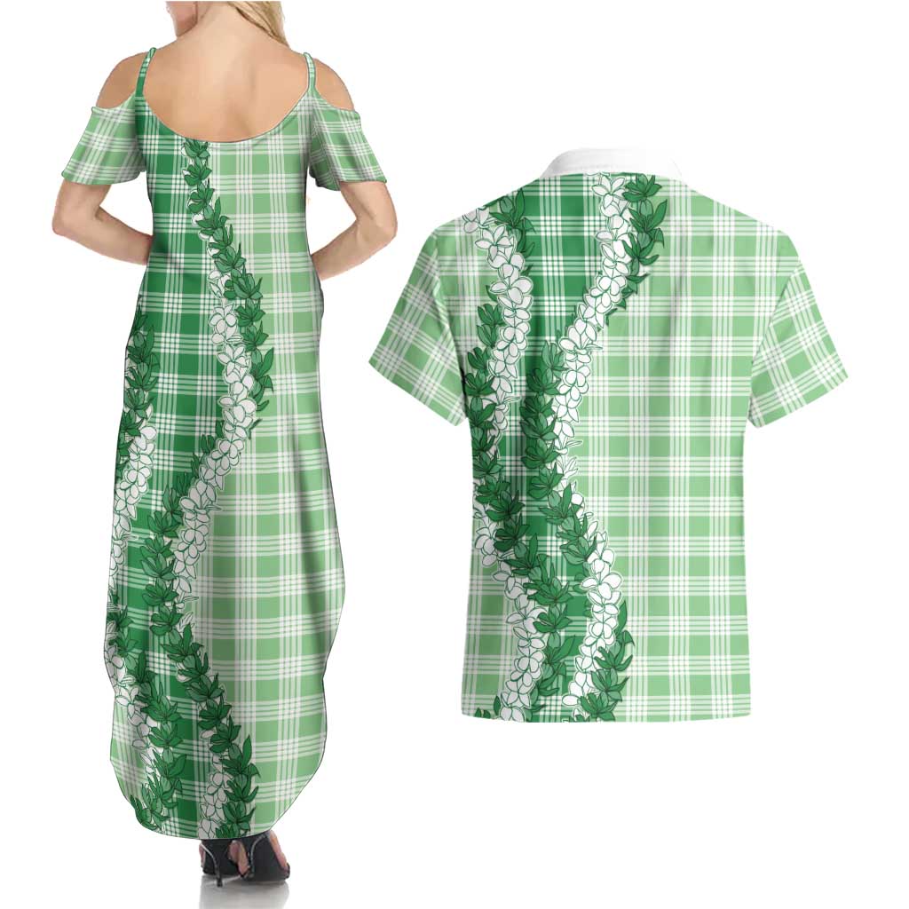 Green Hawaii Palaka Couples Matching Summer Maxi Dress and Hawaiian Shirt Hawaiian Honohono Lei