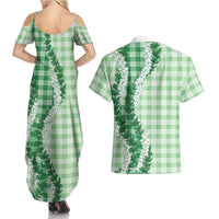 Green Hawaii Palaka Couples Matching Summer Maxi Dress and Hawaiian Shirt Hawaiian Honohono Lei