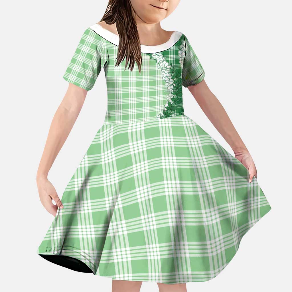 Green Hawaii Palaka Family Matching Off The Shoulder Long Sleeve Dress and Hawaiian Shirt Hawaiian Honohono Lei LT05 Daughter's Dress Green - Polynesian Pride
