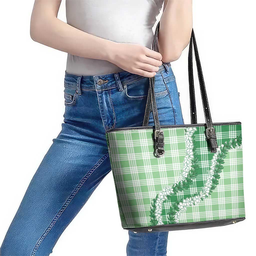 Green Hawaii Palaka Leather Tote Bag Hawaiian Honohono Lei
