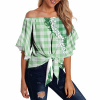 Green Hawaii Palaka Off Shoulder Wrap Waist Top Hawaiian Honohono Lei LT05 - Polynesian Pride