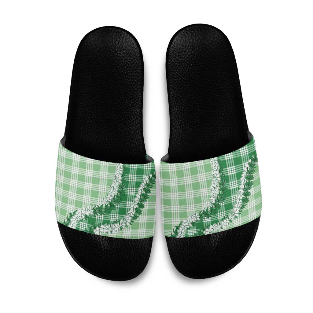Green Hawaii Palaka Slide Sandals Hawaiian Honohono Lei