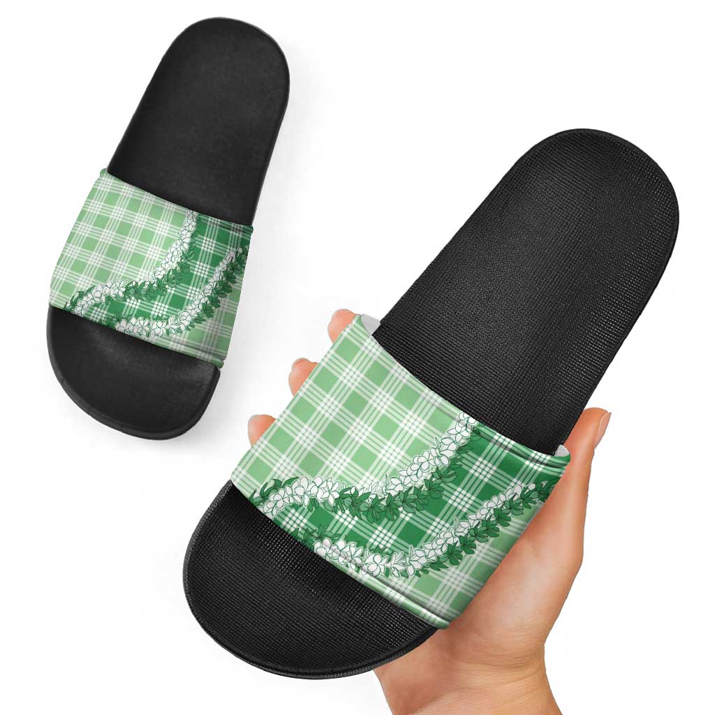 Green Hawaii Palaka Slide Sandals Hawaiian Honohono Lei