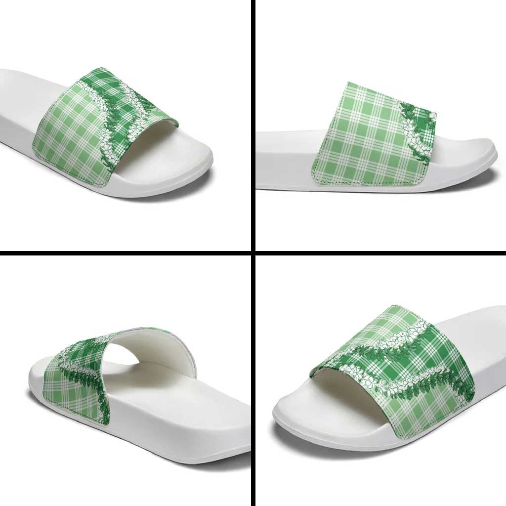 Green Hawaii Palaka Slide Sandals Hawaiian Honohono Lei
