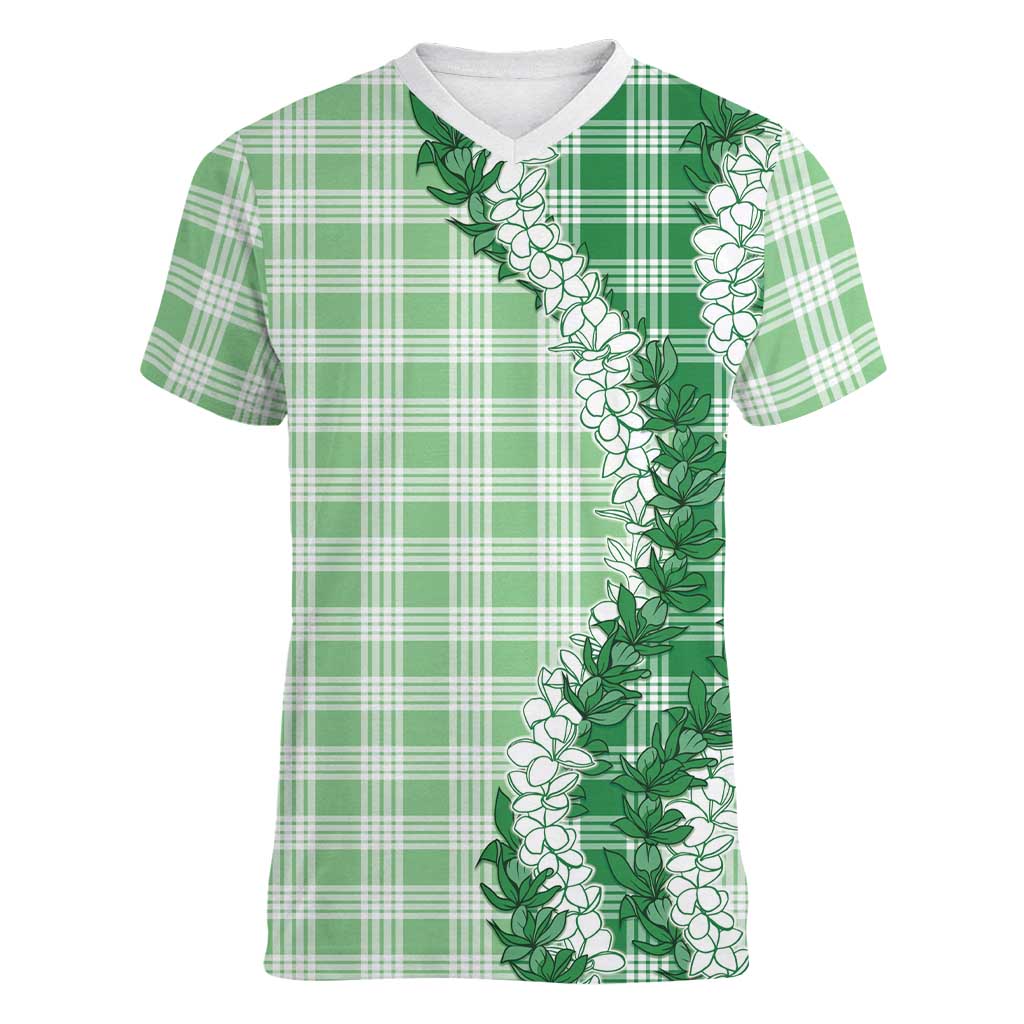 Green Hawaii Palaka Women V-Neck T-Shirt Hawaiian Honohono Lei