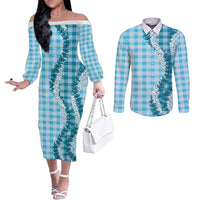 Blue Hawaii Palaka Couples Matching Off The Shoulder Long Sleeve Dress and Long Sleeve Button Shirt Hawaiian Honohono Lei