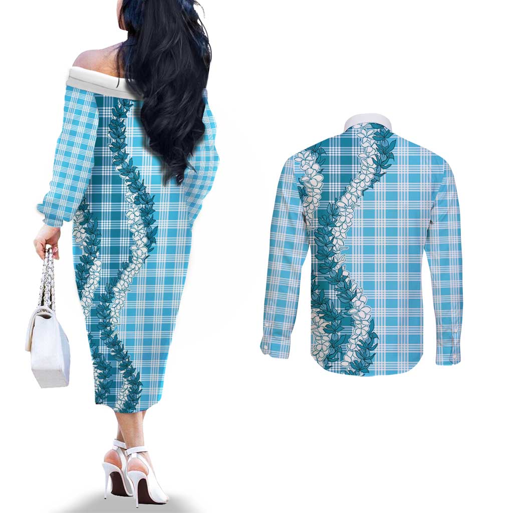 Blue Hawaii Palaka Couples Matching Off The Shoulder Long Sleeve Dress and Long Sleeve Button Shirt Hawaiian Honohono Lei