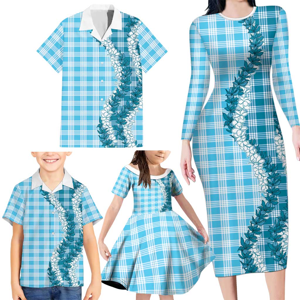 Blue Hawaii Palaka Family Matching Long Sleeve Bodycon Dress and Hawaiian Shirt Hawaiian Honohono Lei LT05 - Polynesian Pride