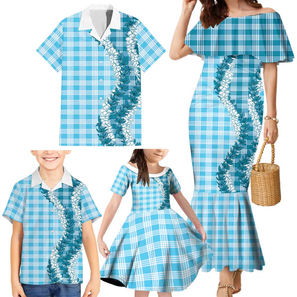 Blue Hawaii Palaka Family Matching Mermaid Dress and Hawaiian Shirt Hawaiian Honohono Lei