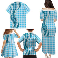 Blue Hawaii Palaka Family Matching Puletasi and Hawaiian Shirt Hawaiian Honohono Lei