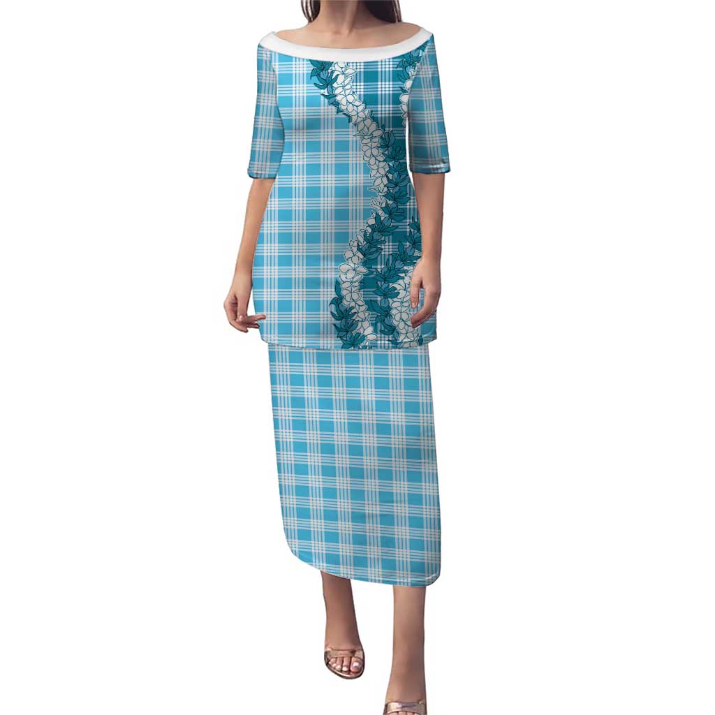 Blue Hawaii Palaka Family Matching Puletasi and Hawaiian Shirt Hawaiian Honohono Lei