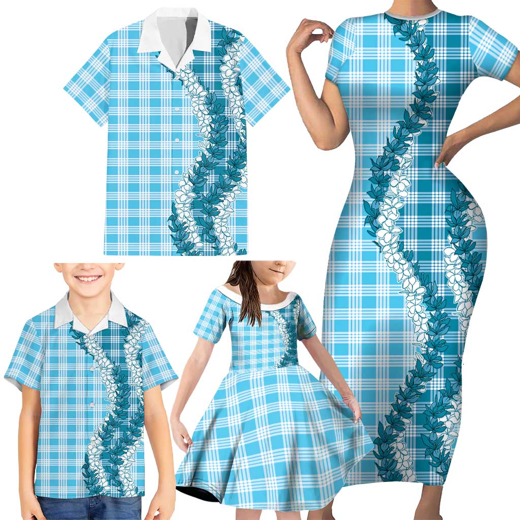 Blue Hawaii Palaka Family Matching Short Sleeve Bodycon Dress and Hawaiian Shirt Hawaiian Honohono Lei