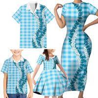 Blue Hawaii Palaka Family Matching Short Sleeve Bodycon Dress and Hawaiian Shirt Hawaiian Honohono Lei
