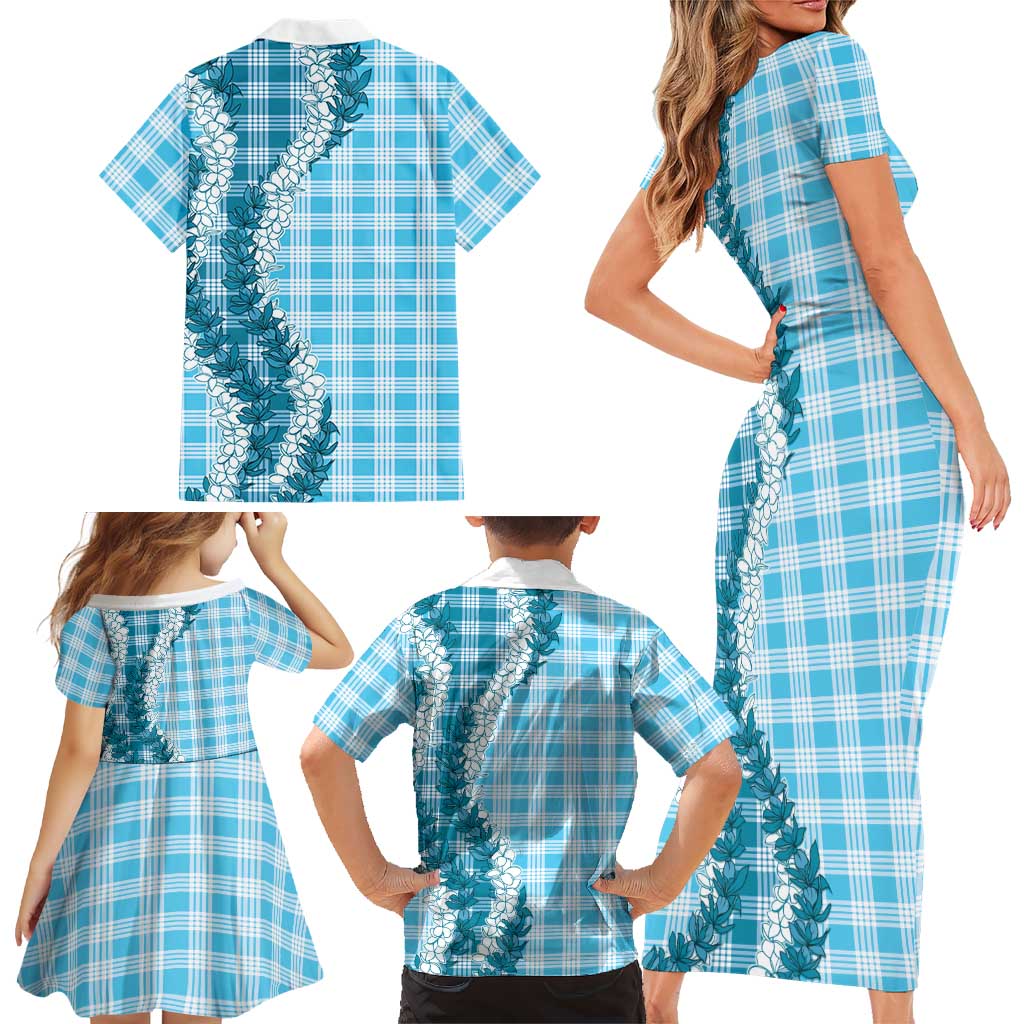 Blue Hawaii Palaka Family Matching Short Sleeve Bodycon Dress and Hawaiian Shirt Hawaiian Honohono Lei